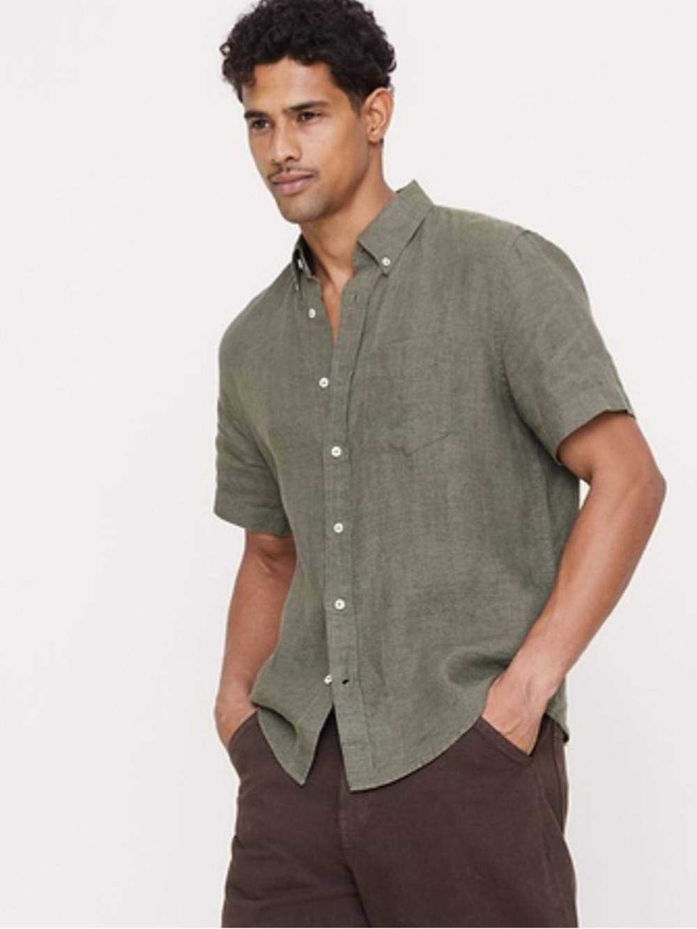 Banana Republic Linen Short Sleeve Shirt Standard Fit Olive Green